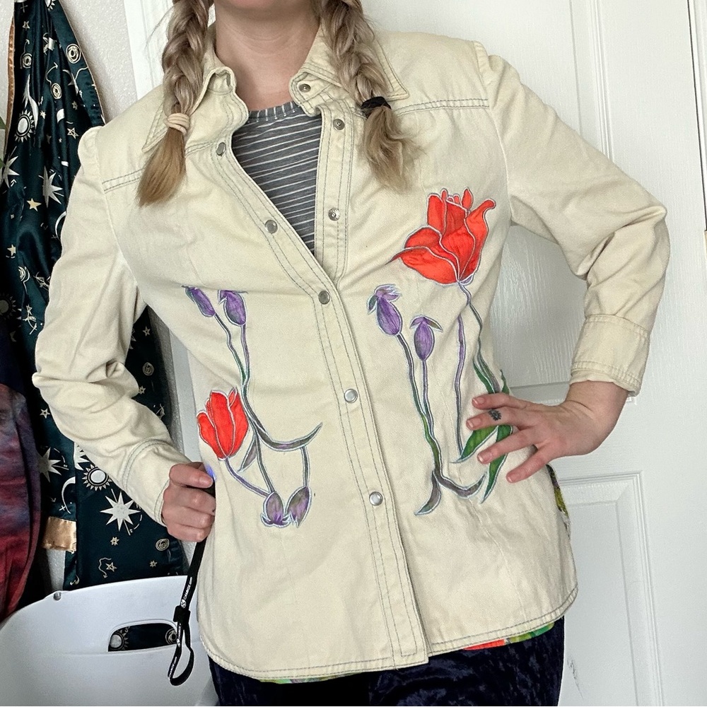 Vintage 70s Dotti Didit pearl snap floral embroidered longsleeve shirt